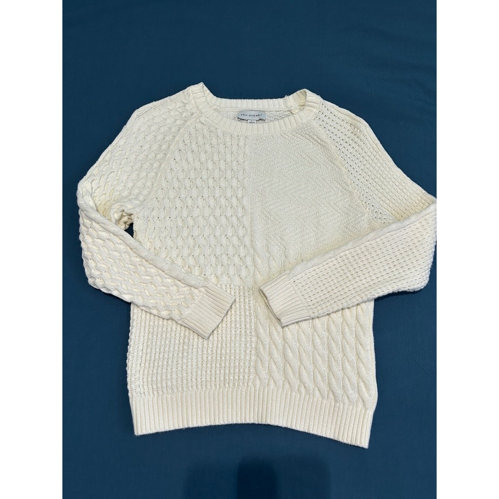 Free Assembly Mixed Patch Cable Knit Sweater Cream White Crewneck Large 10-12